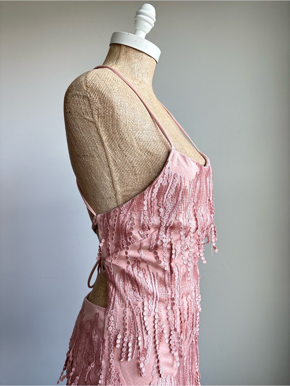 Lulus Making Magic Blush Pink Fringe Lace-Up Mini Dress LARGE - Picture 9 of 10